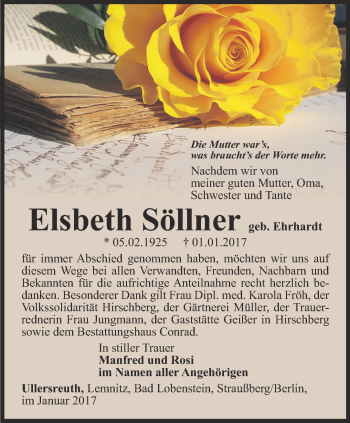 Traueranzeige von Elsbeth Söllner von Ostthüringer Zeitung