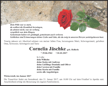 Traueranzeige von Cornelia Jäschke von Thüringer Allgemeine, Thüringische Landeszeitung