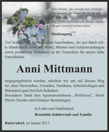 Traueranzeige von Anni Mittmann von Ostthüringer Zeitung