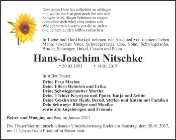 Traueranzeige von Hans-Joachim Nitschke von Thüringer Allgemeine, Thüringische Landeszeitung