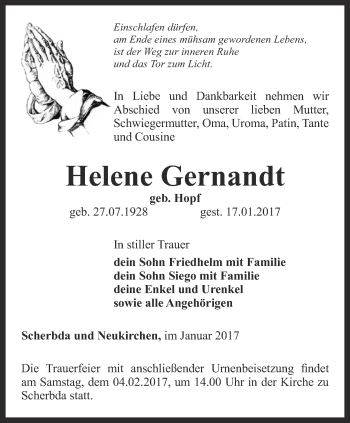 Traueranzeige von Helene Gernandt von Thüringer Allgemeine, Thüringische Landeszeitung