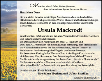 Traueranzeige von Ursula Mackrodt von Thüringer Allgemeine, Thüringische Landeszeitung