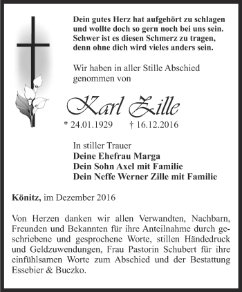 Traueranzeige von Karl Zille von Ostthüringer Zeitung