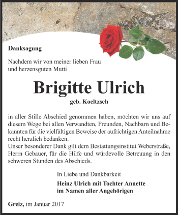 Traueranzeige von Brigitte Ulrich von Ostthüringer Zeitung