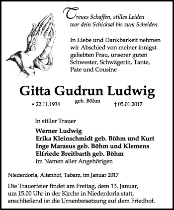 Traueranzeige von Gitta Gudrun Ludwig von Thüringer Allgemeine, Thüringische Landeszeitung