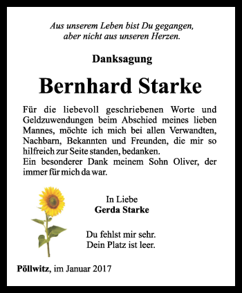 Traueranzeige von Bernhard Starke von Ostthüringer Zeitung