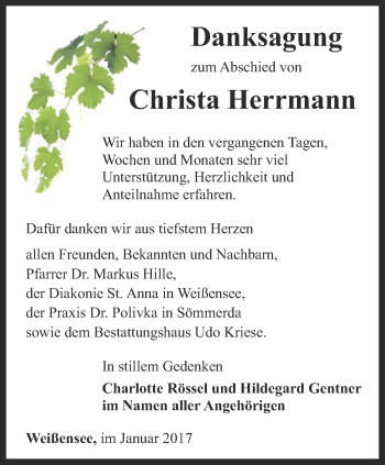 Traueranzeige von Christa Herrmann von Thüringer Allgemeine