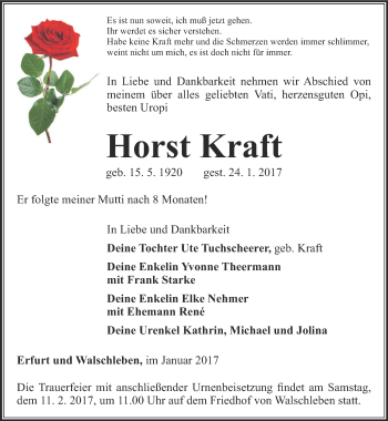 Traueranzeige von Horst Kraft von Thüringer Allgemeine, Thüringische Landeszeitung