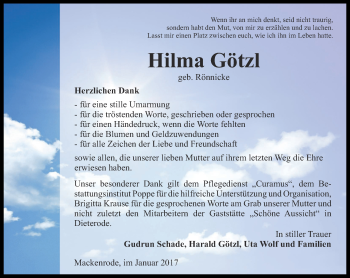 Traueranzeige von Hilma Götzl von Thüringer Allgemeine