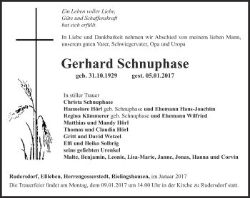 Traueranzeige von Gerhard Schnuphase von Thüringer Allgemeine