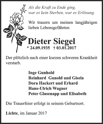 Traueranzeige von Dieter Siegel von Ostthüringer Zeitung