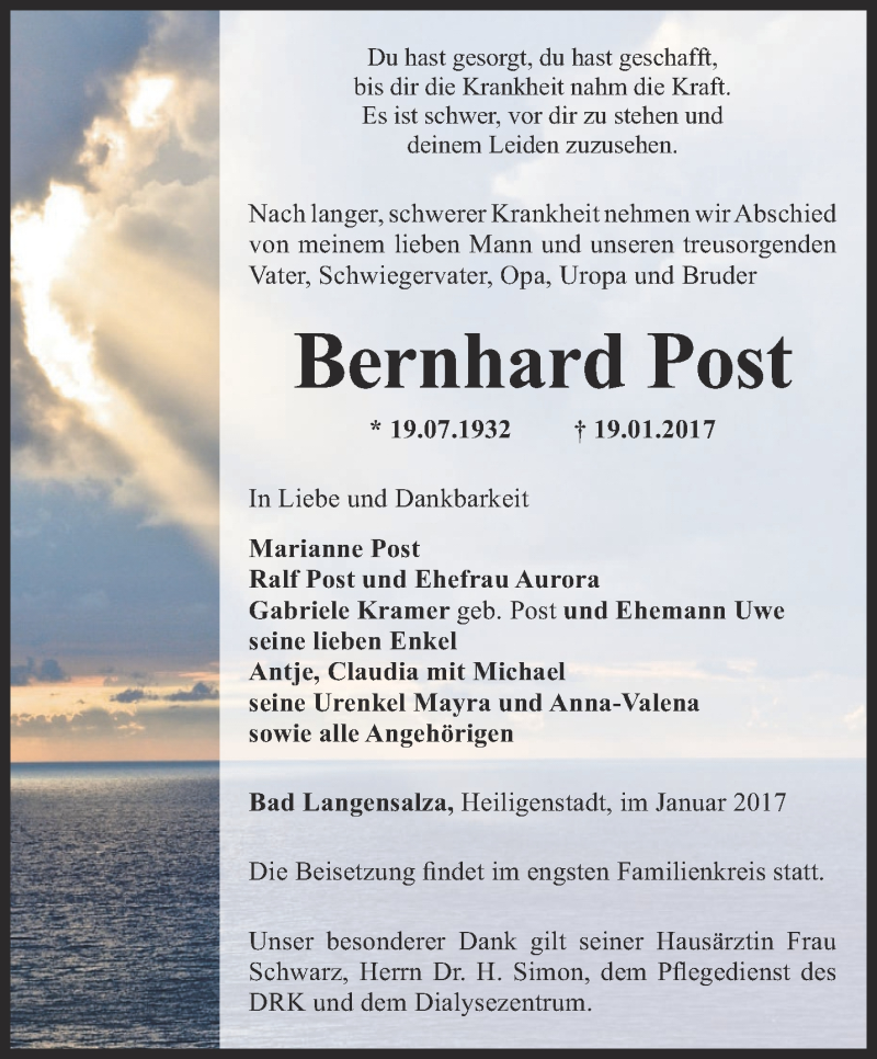  Traueranzeige für Bernhard Post vom 28.01.2017 aus Thüringer Allgemeine, Thüringische Landeszeitung