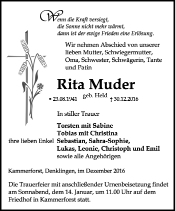 Traueranzeige von Rita Muder von Thüringer Allgemeine, Thüringische Landeszeitung