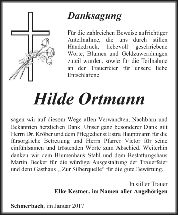 Traueranzeige von Hilde Ortmann von Ostthüringer Zeitung, Thüringische Landeszeitung