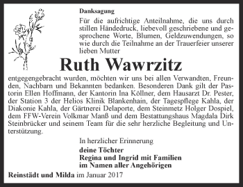 Traueranzeige von Ruth Wawrzitz von Ostthüringer Zeitung, Thüringische Landeszeitung