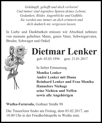 Traueranzeige von Dietmar Lenker von Thüringer Allgemeine, Thüringische Landeszeitung