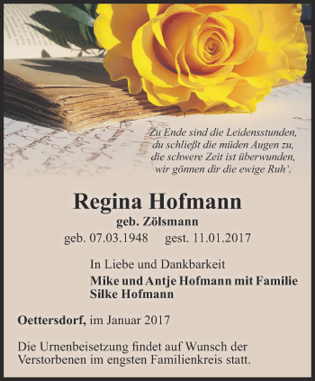 Traueranzeige von Regina Hofmann von Ostthüringer Zeitung