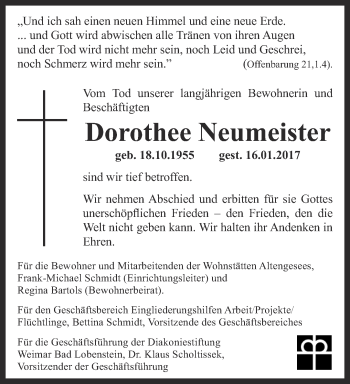 Traueranzeige von Dorothee Neumeister von Ostthüringer Zeitung
