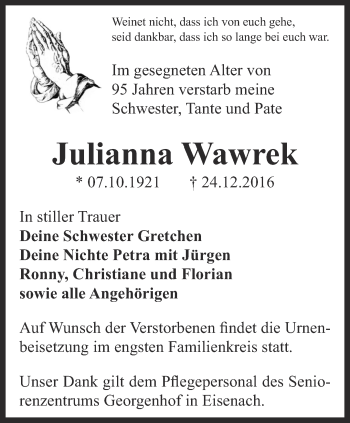 Traueranzeige von Julianna Wawrek von Thüringer Allgemeine, Thüringische Landeszeitung