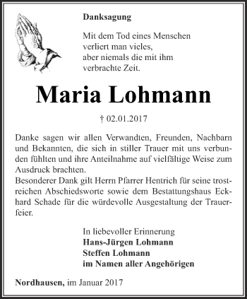 Traueranzeige von Maria Lohmann von Thüringer Allgemeine