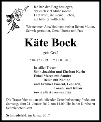 Traueranzeige von Käte Bock von Ostthüringer Zeitung