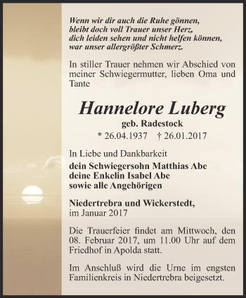 Traueranzeige von Hannelore Luberg von Thüringer Allgemeine, Thüringische Landeszeitung