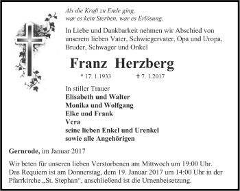 Traueranzeige von Franz Herzberg von Thüringer Allgemeine