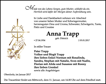 Traueranzeige von Anna Trapp von Thüringer Allgemeine, Thüringische Landeszeitung