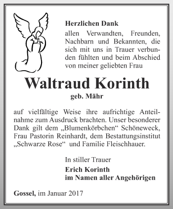 Traueranzeige von Waltraud Korinth von Thüringer Allgemeine