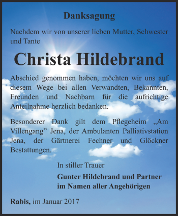 Traueranzeige von Christa Hildebrand von Ostthüringer Zeitung