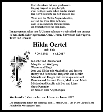 Traueranzeige von Hilda Oertel von Ostthüringer Zeitung