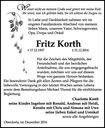 Traueranzeige von Fritz Korth von Thüringer Allgemeine, Thüringische Landeszeitung