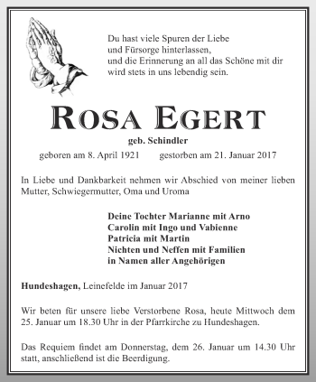 Traueranzeige von Rosa Egert von Thüringer Allgemeine