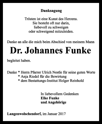 Traueranzeige von Johannes Funke von Ostthüringer Zeitung