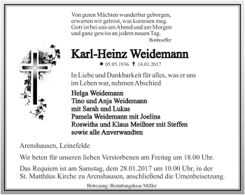 Traueranzeige von Karl-Heinz Weidemann von Thüringer Allgemeine