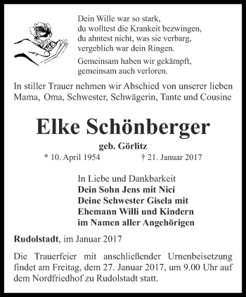 Traueranzeige von Elke Schönberger von Ostthüringer Zeitung
