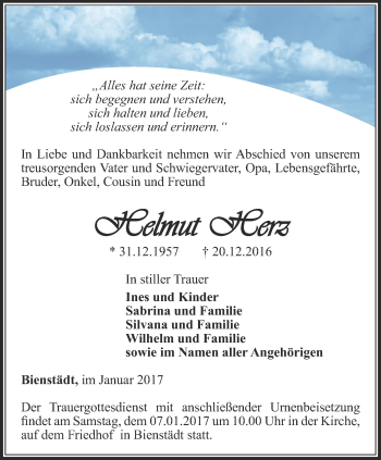 Traueranzeige von Helmut Herz von Ostthüringer Zeitung, Thüringische Landeszeitung