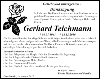 Traueranzeige von Teichmann Gerhard von Ostthüringer Zeitung