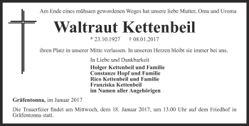 Traueranzeige von Waltraud Kettenbeil von Thüringer Allgemeine, Thüringische Landeszeitung