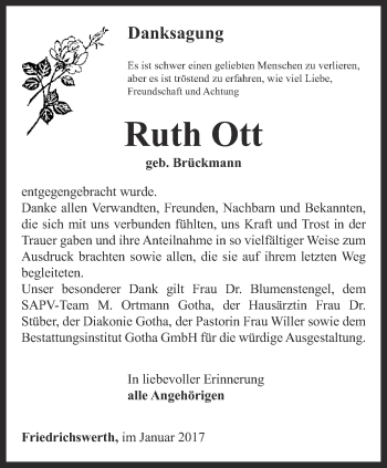 Traueranzeige von Ruth Ott von Ostthüringer Zeitung, Thüringische Landeszeitung