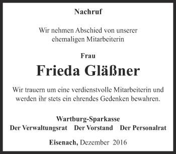 Traueranzeige von Frieda Gläßner von Thüringer Allgemeine, Thüringische Landeszeitung