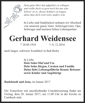 Traueranzeige von Gerhard Weidensee von Ostthüringer Zeitung, Thüringische Landeszeitung