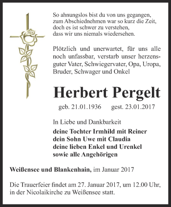 Traueranzeige von Herbert Pergelt von Thüringer Allgemeine