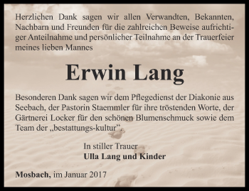 Traueranzeige von Erwin Lang von Thüringer Allgemeine, Thüringische Landeszeitung