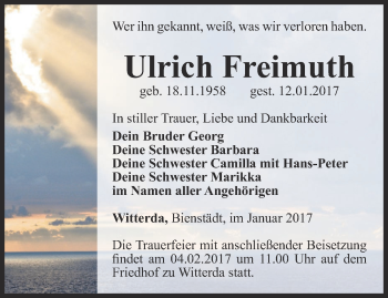 Traueranzeige von Ulrich Freimuth von Thüringer Allgemeine