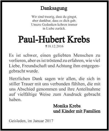 Traueranzeige von Paul-Hubert Krebs von Thüringer Allgemeine