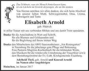 Traueranzeige von Elisabeth Arnold von Ostthüringer Zeitung