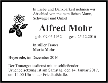 Traueranzeige von Alfred Mohr von Thüringer Allgemeine, Thüringische Landeszeitung