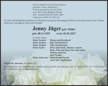 Traueranzeige von Jenny Jäger von Thüringer Allgemeine, Thüringische Landeszeitung