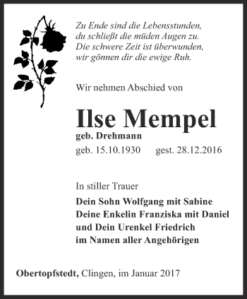 Traueranzeige von Ilse Mempel von Thüringer Allgemeine